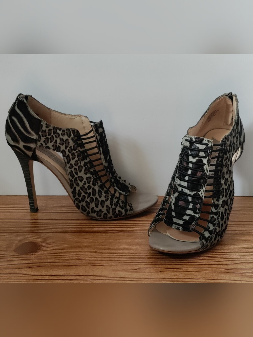 Boutique 9 BTDIEDRE Animal Print Real Fur Cage Stiletto Sandals Size 8.5M